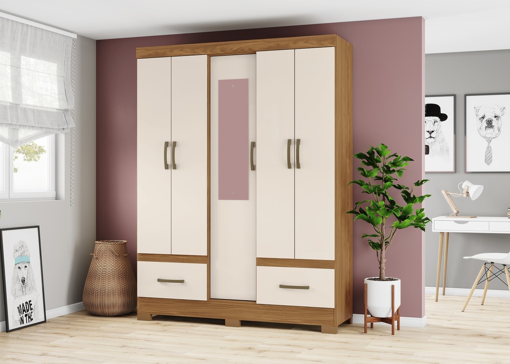 ARMOIRE 5P/2T/ BOIS-CREME/MIROIR  1455X2000X465