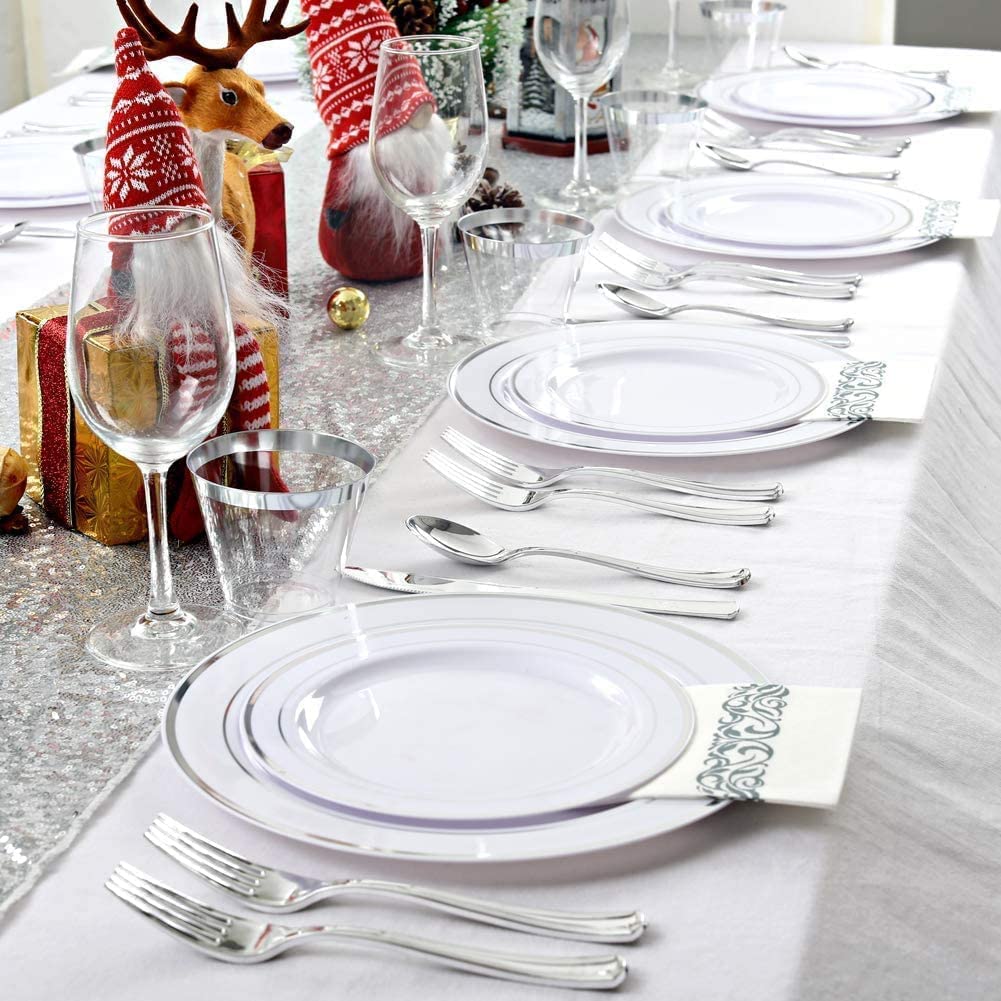 [VAISARG-175PCES] VAISSELLE LAVABLE ARGENTEE AVEC SERVIETTES 175PCES 