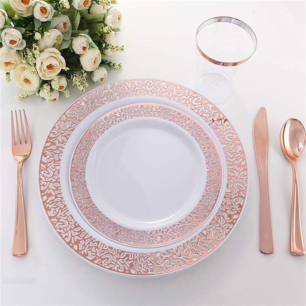 [VAIS-ROSEGOLD 175PCES] VAISSELLE LAVABLE ROSE GOLD AVEC SERVIETTES 175PCES